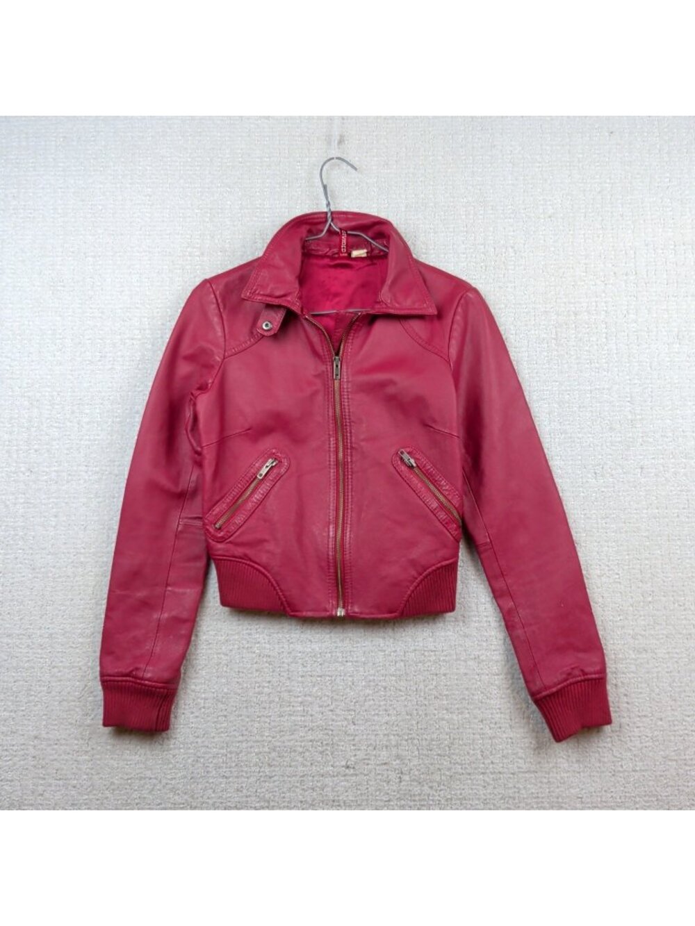 Y2K H&M Divided Red Leather Moto Cropped Jacket Biker Bomber Punk Goth Wom Sz 6